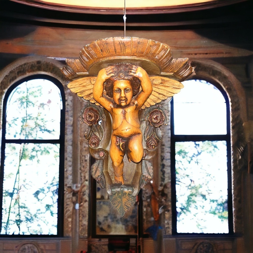 Italian Polvchrome Wooden Wall
Bracket with Carved Cherub Angel Antique RARE - Picture 1 of 7
